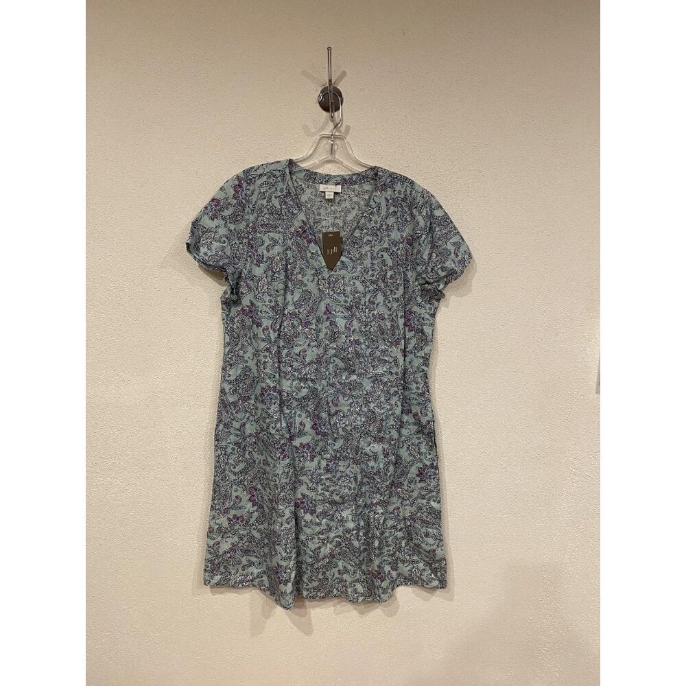 J Jill Linen Dress Womens Medium Green Purple Paisley Short Sleeve V Neck Boho